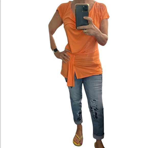 CACHE Orange Short sleeves drop neck waist ruched details rayon blouse Size S - Picture 6 of 14